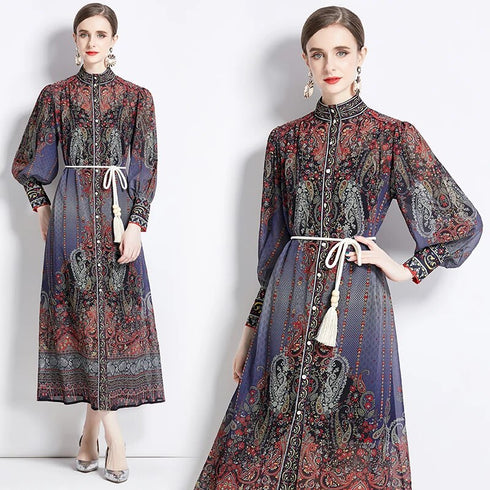 Eye-Catching French Court Style Elegant Floral Printed Dress with Puff Sleeve Party, Wedding Guest, Festive Long Maxi Dress